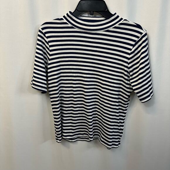 Madewell Drapey-Rib Mockneck Top Short Sleeve Stripe Blue Cotton Blend Large - Picture 2 of 6